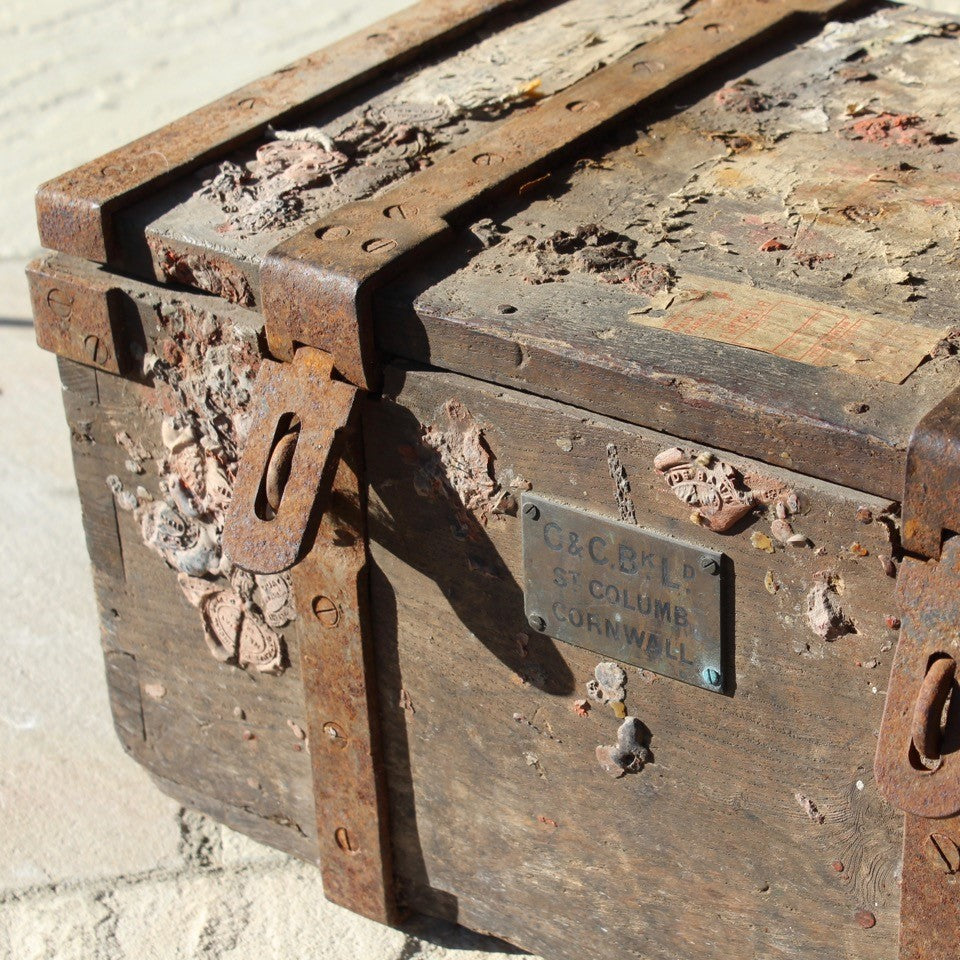 Untouched-19th-century-iron-clad bullion-box-banks-banking-name-plate-original-wax-security-seals-six-planks-timber-dovetail-joints-reinforced-iron-straps-heavy-duty-hasp-staples-proof-of-payment-labels-wax-seals-string-tamper-seals-transit-national-provincial-bank-newquay-st-columb-transport-bullion-by-rail-great-wester-railway-GWR-rare-interesting-railwayana-cornwall-social-industrial-history-for-sale-damon-blandford-antiques
