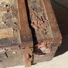 Load image into Gallery viewer, Untouched-19th-century-iron-clad bullion-box-banks-banking-name-plate-original-wax-security-seals-six-planks-timber-dovetail-joints-reinforced-iron-straps-heavy-duty-hasp-staples-proof-of-payment-labels-wax-seals-string-tamper-seals-transit-national-provincial-bank-newquay-st-columb-transport-bullion-by-rail-great-wester-railway-GWR-rare-interesting-railwayana-cornwall-social-industrial-history-for-sale-damon-blandford-antiques
