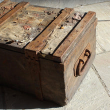 Load image into Gallery viewer, Untouched-19th-century-iron-clad bullion-box-banks-banking-name-plate-original-wax-security-seals-six-planks-timber-dovetail-joints-reinforced-iron-straps-heavy-duty-hasp-staples-proof-of-payment-labels-wax-seals-string-tamper-seals-transit-national-provincial-bank-newquay-st-columb-transport-bullion-by-rail-great-wester-railway-GWR-rare-interesting-railwayana-cornwall-social-industrial-history-for-sale-damon-blandford-antiques
