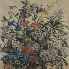 Load image into Gallery viewer, Original-williamsburg-restoration-hand-tinted-print-original-painting-peter-casteels-copper-engraving-by-henry-fletcher-works-commissioned by-robert-furber-market-gardener-kensington-series-paintings-twelve-months-of-flowers-urn-of-flowers-furber-nursery-seasonal-best-numbered-referenced-within-engraving-dated-1730-excellent-condition-colour-framed-good-quality-ebonised-parcel-gilt-frame-new-mount-board-wall-art-damon-blandford-antiques
