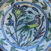 Load image into Gallery viewer, attractive-17th-century-polychrome-underglaze-painted-dish-decorated-bird-flowers-foliage-repeating-foliate-design-concentric-bands-outer-edge-sloping-rim-ottoman-influence-stylistically-similar-iznik-pottery-north-west-iran-persia-circa-1650-for-sale-decorative-antiques-damon-blandford-stroud-gloucestershire-cotswolds
