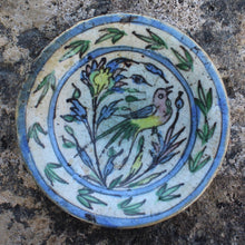 Load image into Gallery viewer, attractive-17th-century-polychrome-underglaze-painted-dish-decorated-bird-flowers-foliage-repeating-foliate-design-concentric-bands-outer-edge-sloping-rim-ottoman-influence-stylistically-similar-iznik-pottery-north-west-iran-persia-circa-1650-for-sale-decorative-antiques-damon-blandford-stroud-gloucestershire-cotswolds
