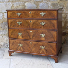 Load image into Gallery viewer, good-early-georgian-cross-banded-walnut-chest-four-graduated-drawers-moulded-veneered-top-four-long-graduated-drawers-highly-figured-book-matched-walnut-lined-in-oak-bracket-feet-really-attractive-honest-condition-excellent-proportions-useful-storage-enhance-aesthetic-appeal-for-sale-damon-blandford-antiques-stroud-gloucestershire-cotswolds-interior-design
