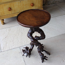 Load image into Gallery viewer, absolutely-wonderful-grapevine-root-table-late-18th-early-19th-century-gnarly-grapevine-roots-branch-out-feet-like-structures-stable-pedestal-base-supporting-circular-table-top-single-plank-hard-wood-possibly-ash-applied-lipped-edge-rose-head-nails-charming-character-excellent-condition-genuinely-unique-talking-point-patina-for-sale-damon-blandford-antiques-stroud-gloucestershire
