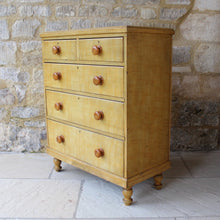 Load image into Gallery viewer, very-well-painted-victorian-19th-century-chest-of-two-short-three-long-graduated-drawers-original-turned-legs-drawer-pulls-faux-bois-skillfully-paint-beautifully-contrasting-yellow-sienna-colours-emulate-birds-eye-maple-excellent-condition-really-bright-and-attractive-shallow-depth-space-constrained-storage-damon-blandford-antiques-for-sale-stroud-gloucestershire-cotswolds-decorative
