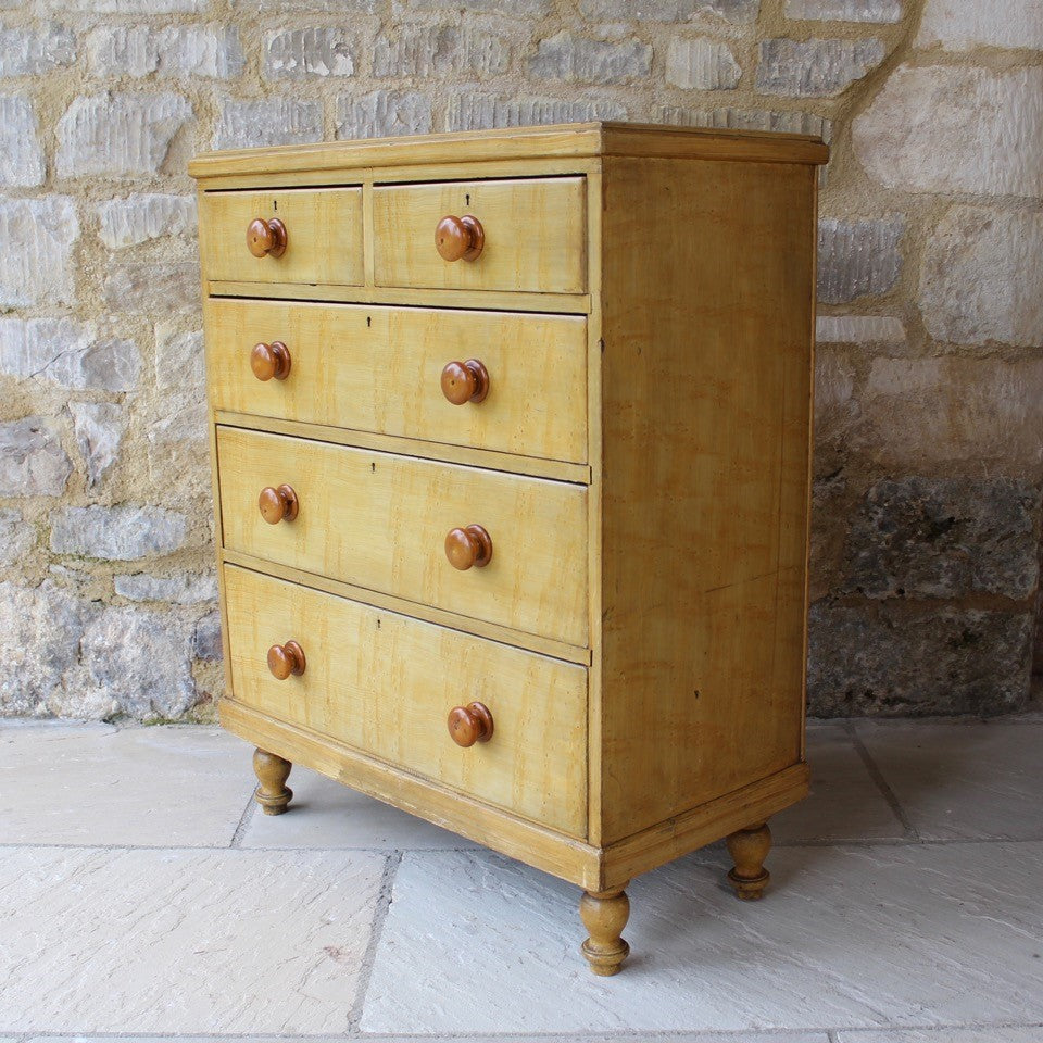 very-well-painted-victorian-19th-century-chest-of-two-short-three-long-graduated-drawers-original-turned-legs-drawer-pulls-faux-bois-skillfully-paint-beautifully-contrasting-yellow-sienna-colours-emulate-birds-eye-maple-excellent-condition-really-bright-and-attractive-shallow-depth-space-constrained-storage-damon-blandford-antiques-for-sale-stroud-gloucestershire-cotswolds-decorative