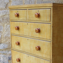 Load image into Gallery viewer, very-well-painted-victorian-19th-century-chest-of-two-short-three-long-graduated-drawers-original-turned-legs-drawer-pulls-faux-bois-skillfully-paint-beautifully-contrasting-yellow-sienna-colours-emulate-birds-eye-maple-excellent-condition-really-bright-and-attractive-shallow-depth-space-constrained-storage-damon-blandford-antiques-for-sale-stroud-gloucestershire-cotswolds-decorative
