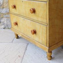 Load image into Gallery viewer, very-well-painted-victorian-19th-century-chest-of-two-short-three-long-graduated-drawers-original-turned-legs-drawer-pulls-faux-bois-skillfully-paint-beautifully-contrasting-yellow-sienna-colours-emulate-birds-eye-maple-excellent-condition-really-bright-and-attractive-shallow-depth-space-constrained-storage-damon-blandford-antiques-for-sale-stroud-gloucestershire-cotswolds-decorative
