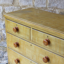 Load image into Gallery viewer, very-well-painted-victorian-19th-century-chest-of-two-short-three-long-graduated-drawers-original-turned-legs-drawer-pulls-faux-bois-skillfully-paint-beautifully-contrasting-yellow-sienna-colours-emulate-birds-eye-maple-excellent-condition-really-bright-and-attractive-shallow-depth-space-constrained-storage-damon-blandford-antiques-for-sale-stroud-gloucestershire-cotswolds-decorative
