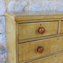 Load image into Gallery viewer, very-well-painted-victorian-19th-century-chest-of-two-short-three-long-graduated-drawers-original-turned-legs-drawer-pulls-faux-bois-skillfully-paint-beautifully-contrasting-yellow-sienna-colours-emulate-birds-eye-maple-excellent-condition-really-bright-and-attractive-shallow-depth-space-constrained-storage-damon-blandford-antiques-for-sale-stroud-gloucestershire-cotswolds-decorative
