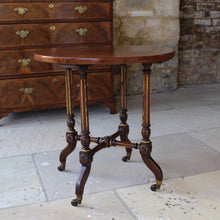 Load image into Gallery viewer, period-aesthetic-movement-side-table-excellent-quality-circular-hardwood-top-four-tapering-ring-turned-fluted-parcel-gilt-legs-cross-stretcher-out-swept-feet-terminating-in-brass-ceramic-castors-applied-carved-gilt-decorative-applique-really-attractive-useful-occasional-table-sofa-side-table-drinks-table-lamp-table-for-sale-damon-blandford-antiques-stroud-gloucestershire
