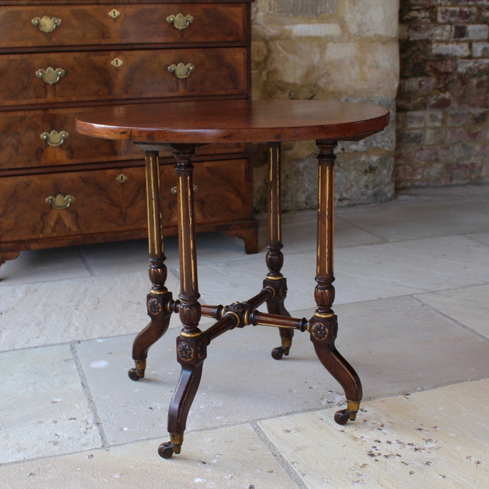 period-aesthetic-movement-side-table-excellent-quality-circular-hardwood-top-four-tapering-ring-turned-fluted-parcel-gilt-legs-cross-stretcher-out-swept-feet-terminating-in-brass-ceramic-castors-applied-carved-gilt-decorative-applique-really-attractive-useful-occasional-table-sofa-side-table-drinks-table-lamp-table-for-sale-damon-blandford-antiques-stroud-gloucestershire