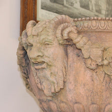 Load image into Gallery viewer, good-quality-pair-of-late-20th-century-terracotta-garden-urns-classical-reeded-cup-goblet-shape-bowl-pedestal-bases-beautifully-detailed-satyr-masks-united-fruit-foliage-swags-excellent-nicely-weathered-highly-decorative-urns-magnificent-garden-indoors-for-sale-damon-blandford-antiques-stow-on-the-wold-stroud-gloucestershire-cotswolds
