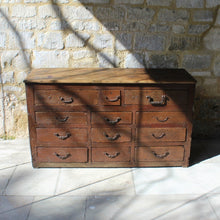 Load image into Gallery viewer, C19th Rustic Painted Pine Bank of Retail Drawers
