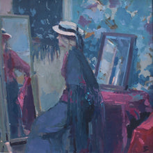 Load image into Gallery viewer, very-well-executed-oil-on-board-painting-tom-coates-painting-depicts-elegantly-dressed-lady-wide-brimmed-hat-shawl-seated-full-length-mirror-good-light-particularly-noticeable-face-reflected-light-contrasts-shadow-shades-of-blue-red-good-quality-timber-frame-bournville-college-art-birmingham-college-art-royal-academy-school-sir-henry-rushbury-peter-ghreenham-professor-art-artist-wall-art-for-sale-damon-blandford-antiques-stroud-stow-on-the-wold-cotswolds
