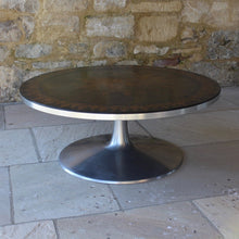 Load image into Gallery viewer, stunning-mid-century-coffee-table-attributed-to-cado-denmark-circular-top-raised-aluminium-trumpet-shaped-base-design-inspiration-poul-cadovius-produced-danish-company-cado-top-hand-painted-gilt-decoration-susanne-fjeldsoe-mygge-incredibly-stylish-table-iconic-design-for-sale-damon-blandford-antiques-stroud-stow-on-the-wold-gloucestershire-cotswolds-vintage
