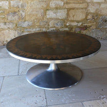 Load image into Gallery viewer, stunning-mid-century-coffee-table-attributed-to-cado-denmark-circular-top-raised-aluminium-trumpet-shaped-base-design-inspiration-poul-cadovius-produced-danish-company-cado-top-hand-painted-gilt-decoration-susanne-fjeldsoe-mygge-incredibly-stylish-table-iconic-design-for-sale-damon-blandford-antiques-stroud-stow-on-the-wold-gloucestershire-cotswolds-vintage
