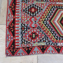 Load image into Gallery viewer, really-attractive-hand-woven-kilim-featuring-five-central-rectangular-chest-motifs-geometric-design-concentric-layers-red-green-black-white-colours-grey-ground-stylised-lozenges-central-area-field-kilim-rams-horns-symbol-power-repeated-boarder-good-quality-kilim-carpet-made-from-hand-spun-wool-yarn-natural-dyes-turkey-circa-1950s--for-sale-stroud-stow-on-the-wold-cotswolds-gloucestershire-interior-design-quality
