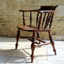 Load image into Gallery viewer, victorian-bow-back-captains-smokers-elbow-windsor-chair-elm-beech-spindles-turned-double-h-stretcher-gloucestershire-cotswolds-seat-seating
