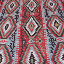 Load image into Gallery viewer, attractive-hand-woven-kilim-medallions-geometric-design-concentric-layers-colour-red-black-green-white-grey-red-grey-ground-central-area-field-repeating-rams-horns-symbol-of-power-good-quality-kilim-hand-spun-wool-yarn-natural-dyes-stylistically-kilim-southern-turkey-circa-1950s-for-sale-damon-blandford-antiques-vintage-stroud-stow-on-the-wold-cotswolds-gloucestershire
