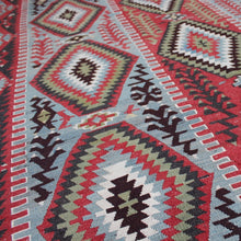 Load image into Gallery viewer, attractive-hand-woven-kilim-medallions-geometric-design-concentric-layers-colour-red-black-green-white-grey-red-grey-ground-central-area-field-repeating-rams-horns-symbol-of-power-good-quality-kilim-hand-spun-wool-yarn-natural-dyes-stylistically-kilim-southern-turkey-circa-1950s-for-sale-damon-blandford-antiques-vintage-stroud-stow-on-the-wold-cotswolds-gloucestershire
