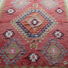 Load image into Gallery viewer, Incredibly-attractive-turkish-flat-weave-kilim-sivrihisar-central-anatolia-naturally-dyed-hand-spun-sheep-wool-predominantly-light-shades-red-orange-green-pink-blue-brown-cream-central-field-features-large-diamond-shaped-scorpion-motif-star-motifs-wolf&#39;s-mouth-motifs-symbols-represent-protection-happiness-fertility-protective-themes-motifs-repeated-boarders-coloured-yarns-fringe-tassels-hand-embroidery-traditional-technic-cisim-circa-1960s-70s-for-sale-damon-blandford-antiques-vintage
