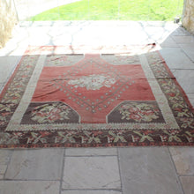 Load image into Gallery viewer, very-fine-rare-flatweave-balkan-kilim-yugoslavia-large-square-kilim-skillfully-woven-naturally-dyed-hand-spun-wool-yard-beautifully-designed-kilim-floral-central-motif-outer-tree-of-life-stylised-floral-main-boarder-guard-boarder-repeating-birds-in-flight-symbol-good-news-sophisticated-wonderful-pastel-shades-orange-brown-green-cream-yugoslavia-1930s-40s-for-sale-damon-blandford-antiques-carpets-stroud-stow-on-the-wold-cotswolds-home-interior
