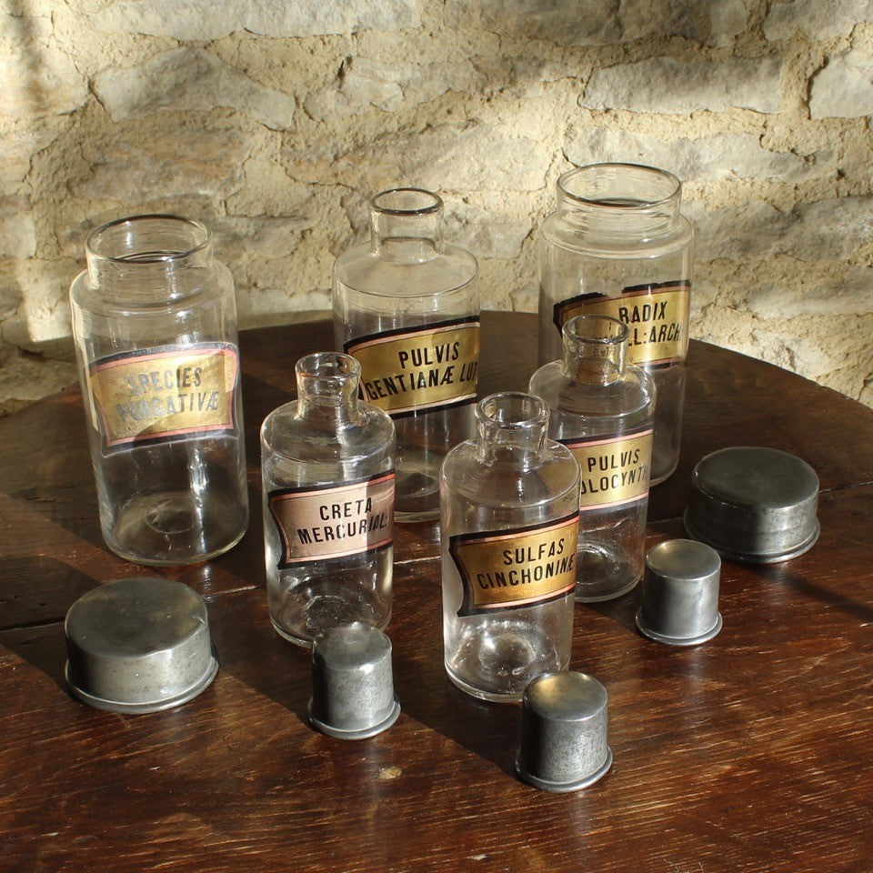 wonderful-set-six-hand-blown-french-apothecary-jars-original-zinc-tops-excellent-condition-matching-gilt-labels-applied-inside-jars-black-lettering-gilt-ground-black-red-edging-faded-to-pink-decorative-france-late-1800's-for-sale-damon-blandford-antiques-stroud-gloucestershire
