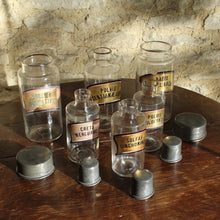 Load image into Gallery viewer, wonderful-set-six-hand-blown-french-apothecary-jars-original-zinc-tops-excellent-condition-matching-gilt-labels-applied-inside-jars-black-lettering-gilt-ground-black-red-edging-faded-to-pink-decorative-france-late-1800&#39;s-for-sale-damon-blandford-antiques-stroud-gloucestershire
