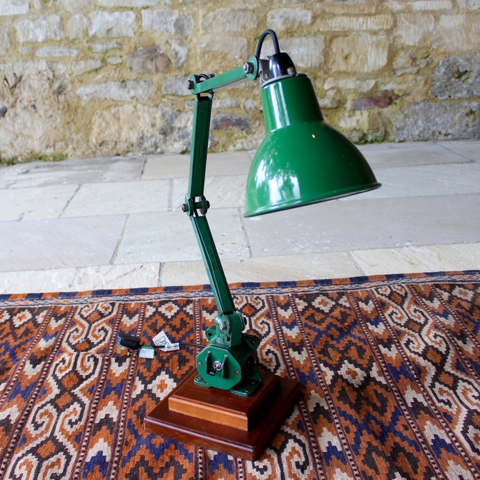 lamp-work-bench-task-lighting-factory-lamp-exceptionally-good-condition-marks-scratches-arm-green-enamel-shade-near-perfect-lamp-re-wired-mounded-two-step-cherry-wood-plinth-domestic-setting-classic-piece-british-industrial-design-2nd-quarter-20th-century-damon-blandford-antiques-lighting-for-sale-stroud-gloucestershire-cotswolds-industrial