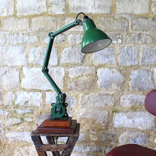 Load image into Gallery viewer, lamp-work-bench-task-lighting-factory-lamp-exceptionally-good-condition-marks-scratches-arm-green-enamel-shade-near-perfect-lamp-re-wired-mounded-two-step-cherry-wood-plinth-domestic-setting-classic-piece-british-industrial-design-2nd-quarter-20th-century-damon-blandford-antiques-lighting-for-sale-stroud-gloucestershire-cotswolds-industrial
