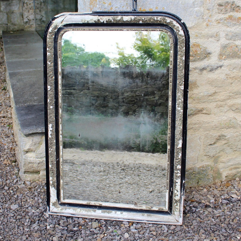 distressed-louis-phillipe-mirror-ebonised-parcel-gilt-frame-mirror-plate-foxed-distorted-reflective-attractive-ripple-heavily-distressed-extensive-losses-gesso-shabby-chic