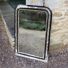 Load image into Gallery viewer, distressed-louis-phillipe-mirror-ebonised-parcel-gilt-frame-mirror-plate-foxed-distorted-reflective-attractive-ripple-heavily-distressed-extensive-losses-gesso-shabby-chic-french-damon-blandford-antiques-for-sale-cotswolds-stroud-gloucestershire
