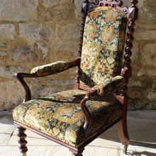 Load image into Gallery viewer, super-quality-victorian-open-armchair-newly-re-upholstered-high-quality-printed-velvet-colours-fabric-contrasting-beautifully-rosewood-frame-scrolled-details-pattern-matching-carved-top-rail-show-wood-frame-barley-twist-back-posts-matching-front-legs-square-swept-legs-original-brass-wheel-castors-out-swept-open-arm-supports-decorative-feature-really-sunning-statement-piece-antique-chair-seating-damon-blandford-anyiques-cotswolds-style-interiors-home-furniture-gloucestershire-for-sale
