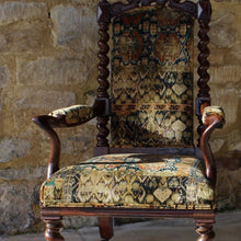 Load image into Gallery viewer, super-quality-victorian-open-armchair-newly-re-upholstered-high-quality-printed-velvet-colours-fabric-contrasting-beautifully-rosewood-frame-scrolled-details-pattern-matching-carved-top-rail-show-wood-frame-barley-twist-back-posts-matching-front-legs-square-swept-legs-original-brass-wheel-castors-out-swept-open-arm-supports-decorative-feature-really-sunning-statement-piece-antique-chair-seating-damon-blandford-anyiques-cotswolds-style-interiors-home-furniture-gloucestershire-for-sale-boho
