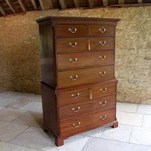 Load image into Gallery viewer, George-III-mahogany-chest-on-chest-C1790-two-short-six-long-graduated-drawers-lined-oak-swan-neck-brass-handles-escutcheons-bracked-feet-damon-blandford-antiques-stroud-cotswolds-gloucestershire-for-sale-storage-cornice-restored-excellent-condition
