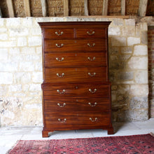 Load image into Gallery viewer, George-III-mahogany-chest-on-chest-C1790-two-short-six-long-graduated-drawers-lined-oak-swan-neck-brass-handles-escutcheons-bracked-feet-damon-blandford-antiques-stroud-cotswolds-gloucestershire-for-sale-storage-cornice-restored-excellent-condition-barn-carpet-rug
