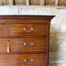 Load image into Gallery viewer, George-III-mahogany-chest-on-chest-C1790-two-short-six-long-graduated-drawers-lined-oak-swan-neck-brass-handles-escutcheons-bracked-feet-damon-blandford-antiques-stroud-cotswolds-gloucestershire-for-sale-storage-cornice-restored-excellent-condition-working-key
