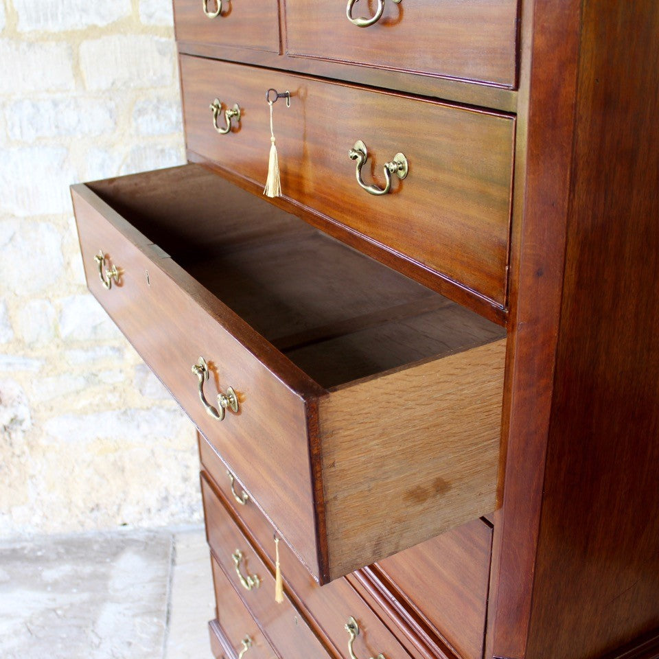 George-III-mahogany-chest-on-chest-C1790-two-short-six-long-graduated-drawers-lined-oak-swan-neck-brass-handles-escutcheons-bracked-feet-damon-blandford-antiques-stroud-cotswolds-gloucestershire-for-sale-storage-cornice-restored-excellent-condition