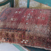 Load image into Gallery viewer, good-hand-knotted-traditional-carpet-camel-bag-used-by-nomads-transport-store-belongings-functional-necessity-tribal-people-nomadic-lifestyle-bags-cultural-art-form-naturally-dyed-wool-predominantly-subtle-shades-red-brown-design-ears-grain-symbolising-birth-fertility-motherhood-the-lady-who-wove-carpet-bespoke-made-feather-cushion-luxury-comfort-for-sale-damon-blandford-antiques-stroud-gloucestershire-cotswolds
