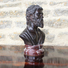 Load image into Gallery viewer, bronze-bust-pmormile-p-mormile-painted-patination-wear-roman-high-status-sculpture-marble-classical-neoclassical-decorative-marble-reddish-brown-for-sale-damon-blandford-antiques-stroud-valleys-cranham-gloucestershire-cotswolds-antiques-vintage
